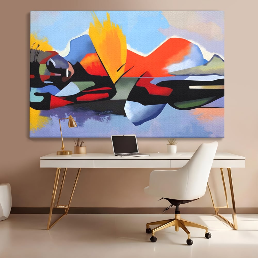 Tablou canvas cu tablou canvas cu silueta abstracta, fara rama, pe sasiu de lemn, pe perete intr-un birou